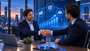 Dos ejecutivos se dan la mano bajo iconos de monedas, equipo y meta ascendente.
