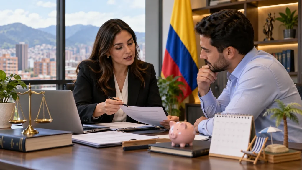 Asesora explica salario variable a un cliente en una oficina con bandera de Colombia.