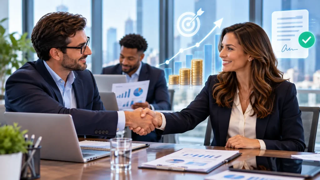 Dos ejecutivos se dan la mano ante un gráfico de crecimiento y un contrato.