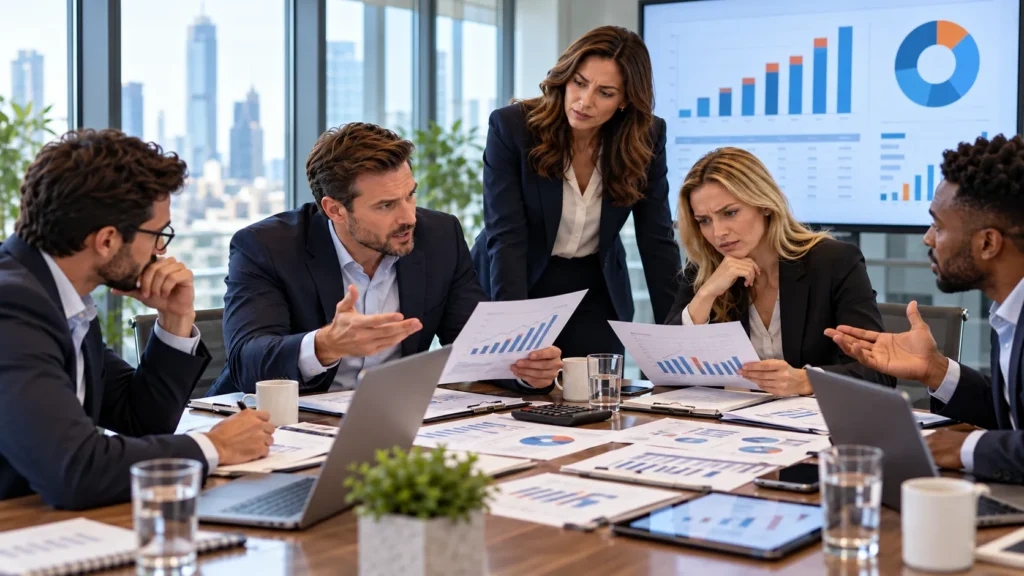 Equipo comercial discute con reportes impresos y portátiles cuánto le corresponde de comisión.