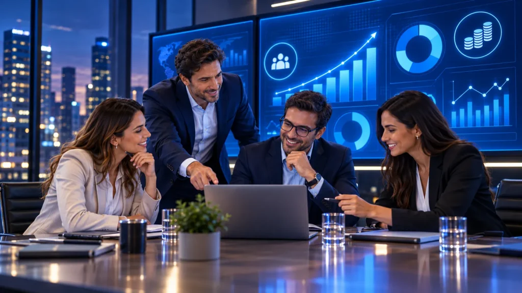 Cuatro colegas comparan indicadores de comisiones ante un portátil y pantallas de datos.