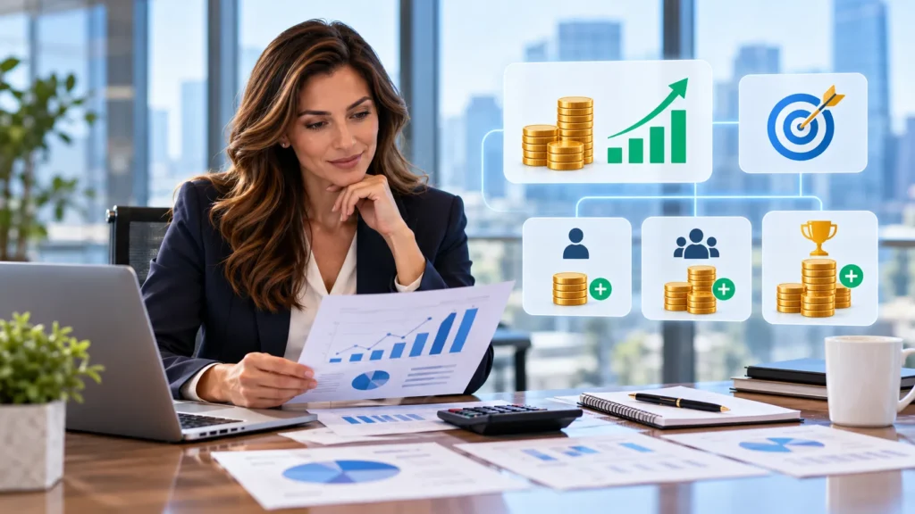 Mujer analiza un informe de ventas con iconos de metas, monedas y crecimiento detrás.