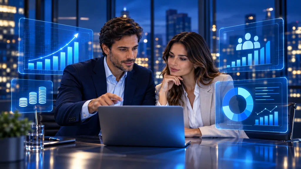 Hombre y mujer revisan en un portátil paneles con gráficos de equipo e incentivos.