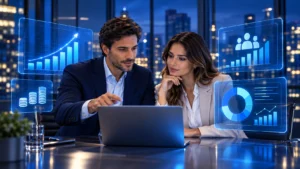 Hombre y mujer revisan en un portátil paneles con gráficos de equipo e incentivos.