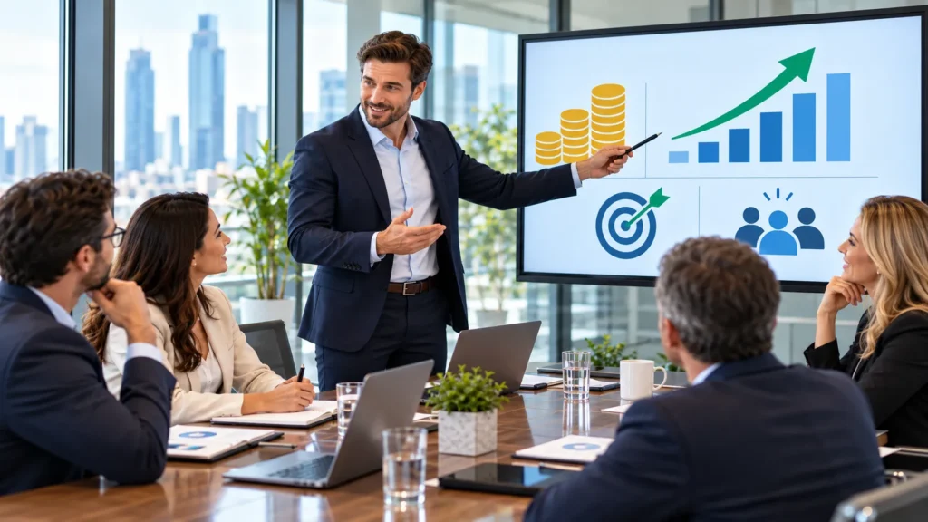 Ejecutivo presenta a su equipo comisiones de ventas, metas y crecimiento en una pantalla.